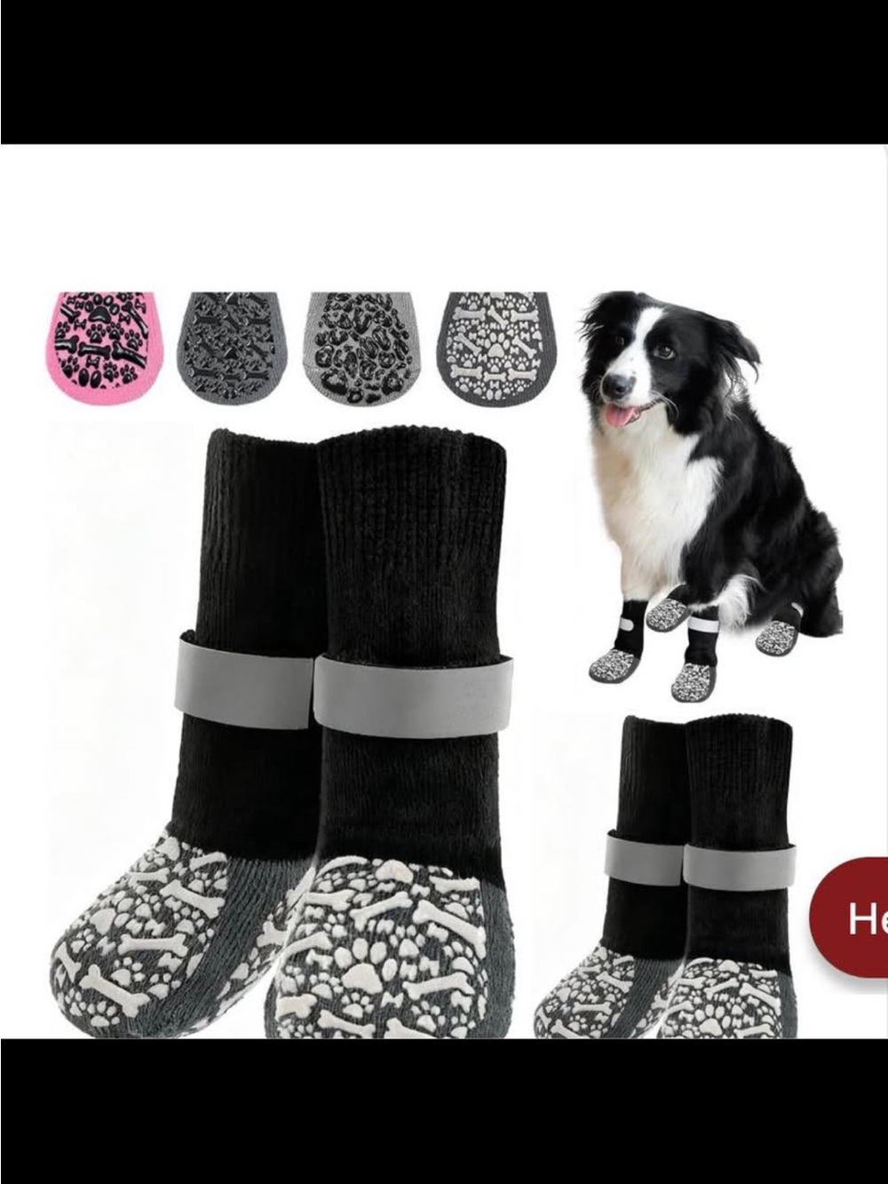 Black Non-Slip Dog Boots with Reflective Strap